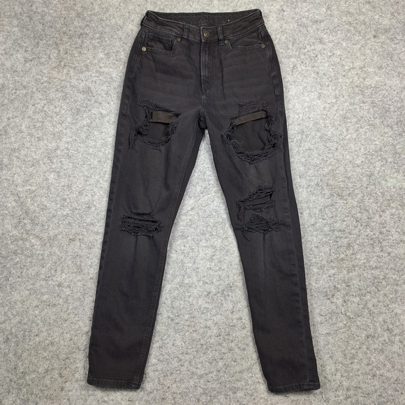 American Eagle Mom Jean Womens 00 (24x27) Black Distressed‎ Denim - Picture 1 of 11